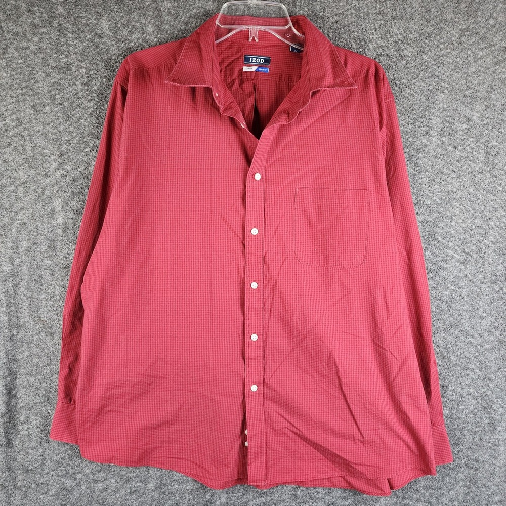 Izod Button Down Shirt Mens XL Stretch Regular Fit Red Micro Check Long Sleeve